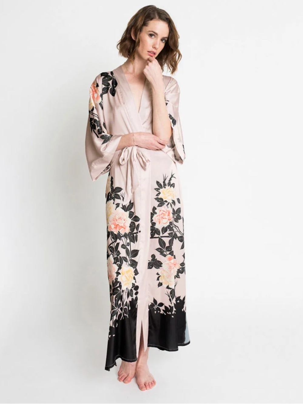 Kim + Ono Blush Rose Long Kimono Robe Sepia Rose One Size Satin Charmeuse